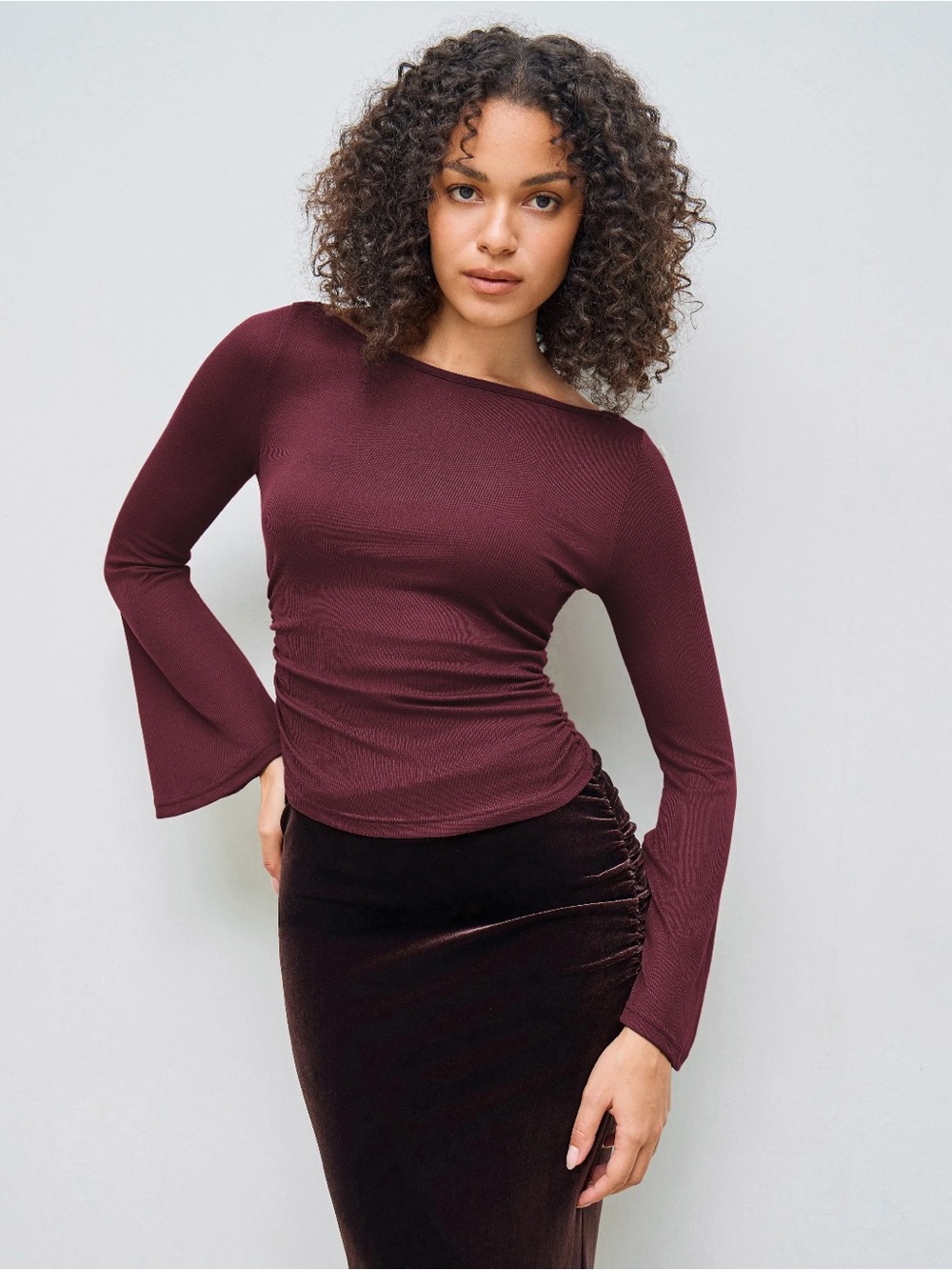 Cider Long Sleeve Boatneck Top in Burgundy Plum